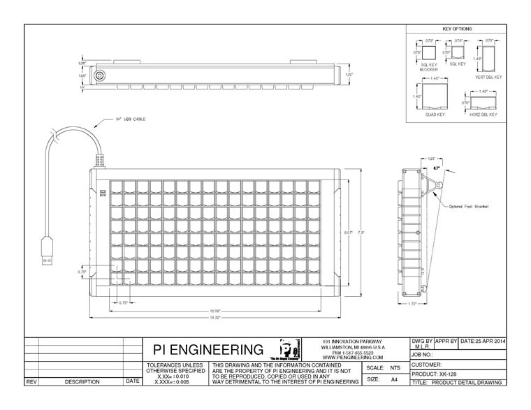 X-keys XKE-128 Dimensioned Drawing